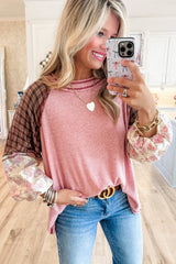 Fushia Floral Plaid Mixed Print Patchwork Raglan Ribbed Top