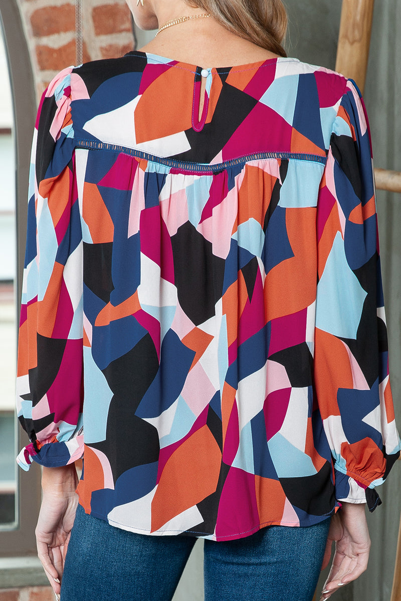 Multicolor Casual Abstract Print Puff Sleeve Blouse