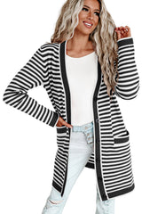 Black Striped Pocketed Button Long Cardigan