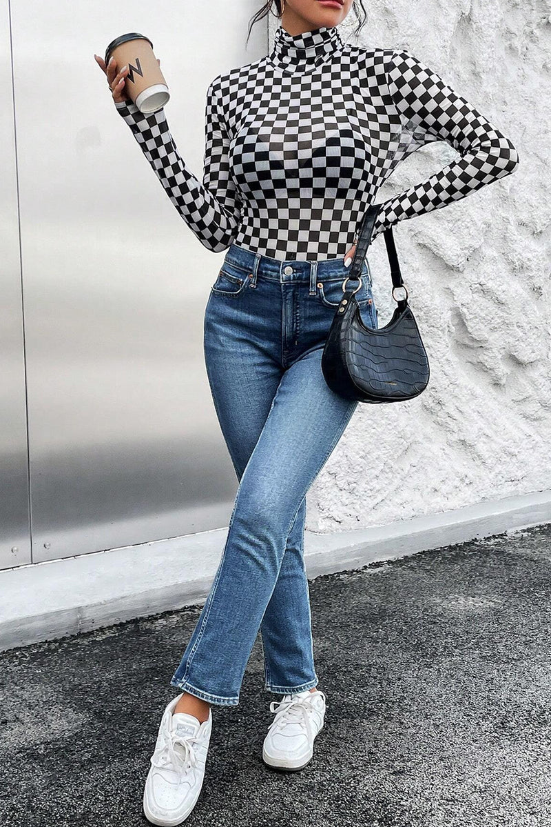 Black Checkered Print Long Sleeve Mock Neck Bodysuit