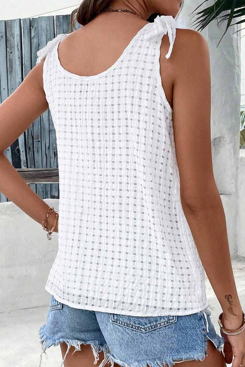 White Lattice Texture Bowknot Shoulder V Neck Top