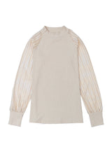 Apricot Ribbed Solid Color Striped Mesh Long Sleeve Top