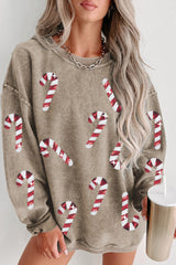 Gray Xmas Candy Cane Sequins Graphic Corded Sweatshirt