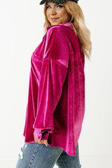 Bright Pink Plus Size Velvet Chest Pocket Drop Shoulder Shirt