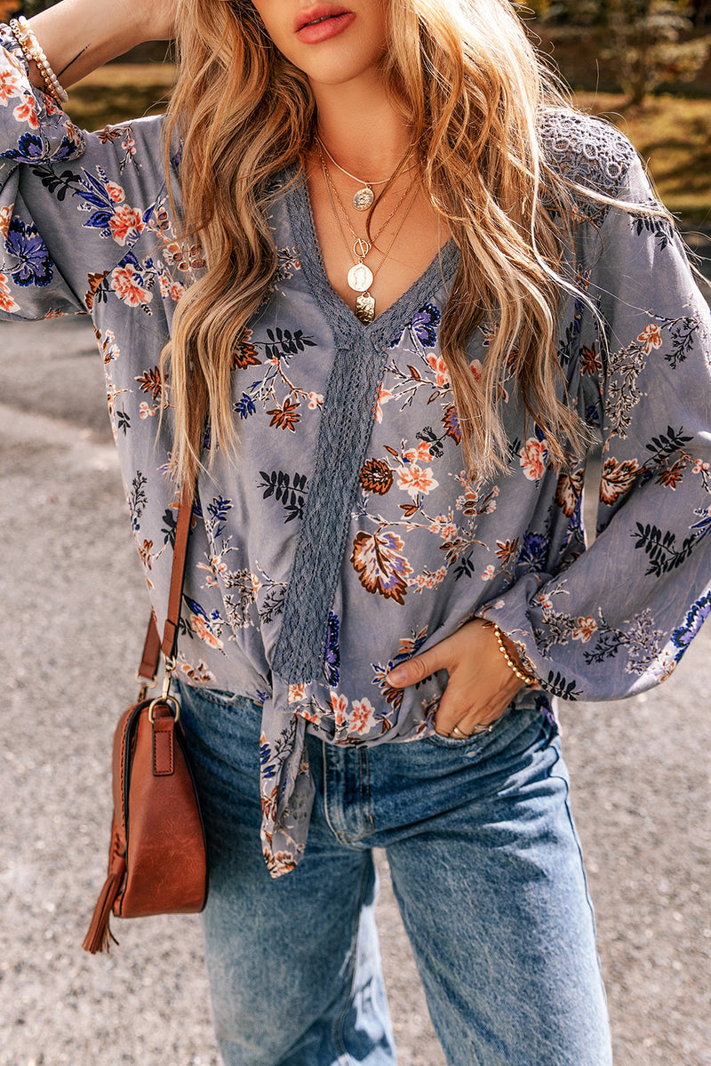 Sky Blue Floral Print Lace Patchwork Knot Front V Neck Blouse