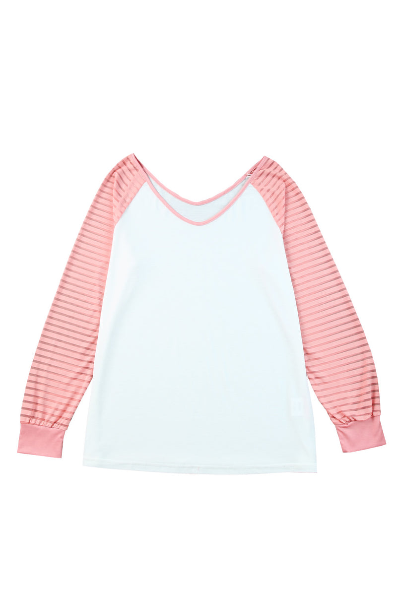 White and Pink V Neck Pullover Long Sleeve Shirt