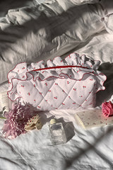 White Quilted Cute Cherry Print Ruffle Zipper Makeup Bag