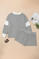 Black Stripe Textured V Neck Long Sleeve Top and Shorts Plus Size Set