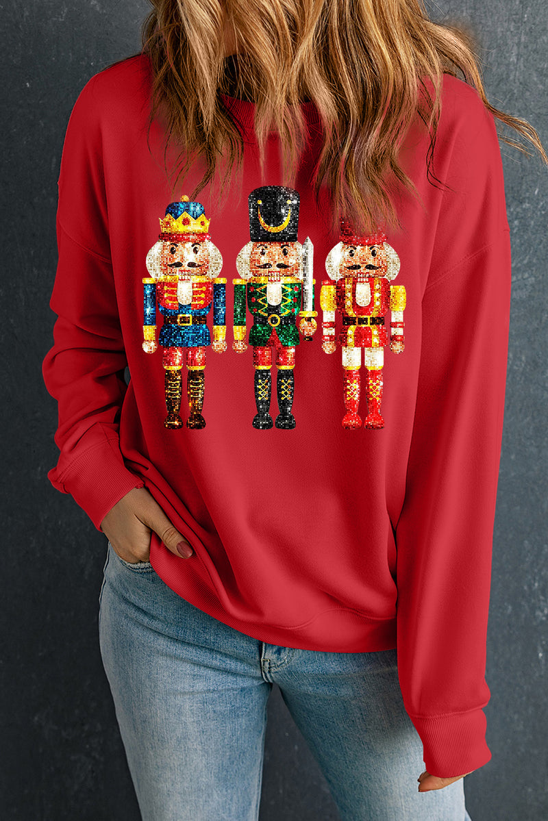 Red Christmas Metallic Nutcracker Graphic Crew Neck Sweatshirt