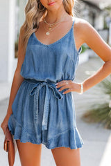 Ashleigh Blue Spaghetti Straps V Neck Belted Ruffle Hem Denim Romper