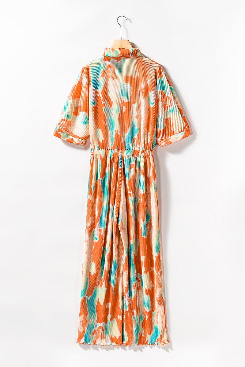 Multicolor Bohemian Tie Dye Pleated Wide Leg Jumpsuit