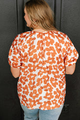 Orange Plus Size 60s Floral Print Drawstring V Neck Short Sleeve Blouse