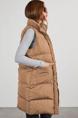 Coffee Quilted Pocketed Long Puffer Vest Coat