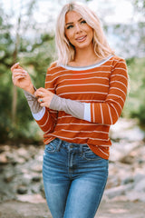 Brown Contrast Spliced Colorblock Cuffed Rib Knit Top