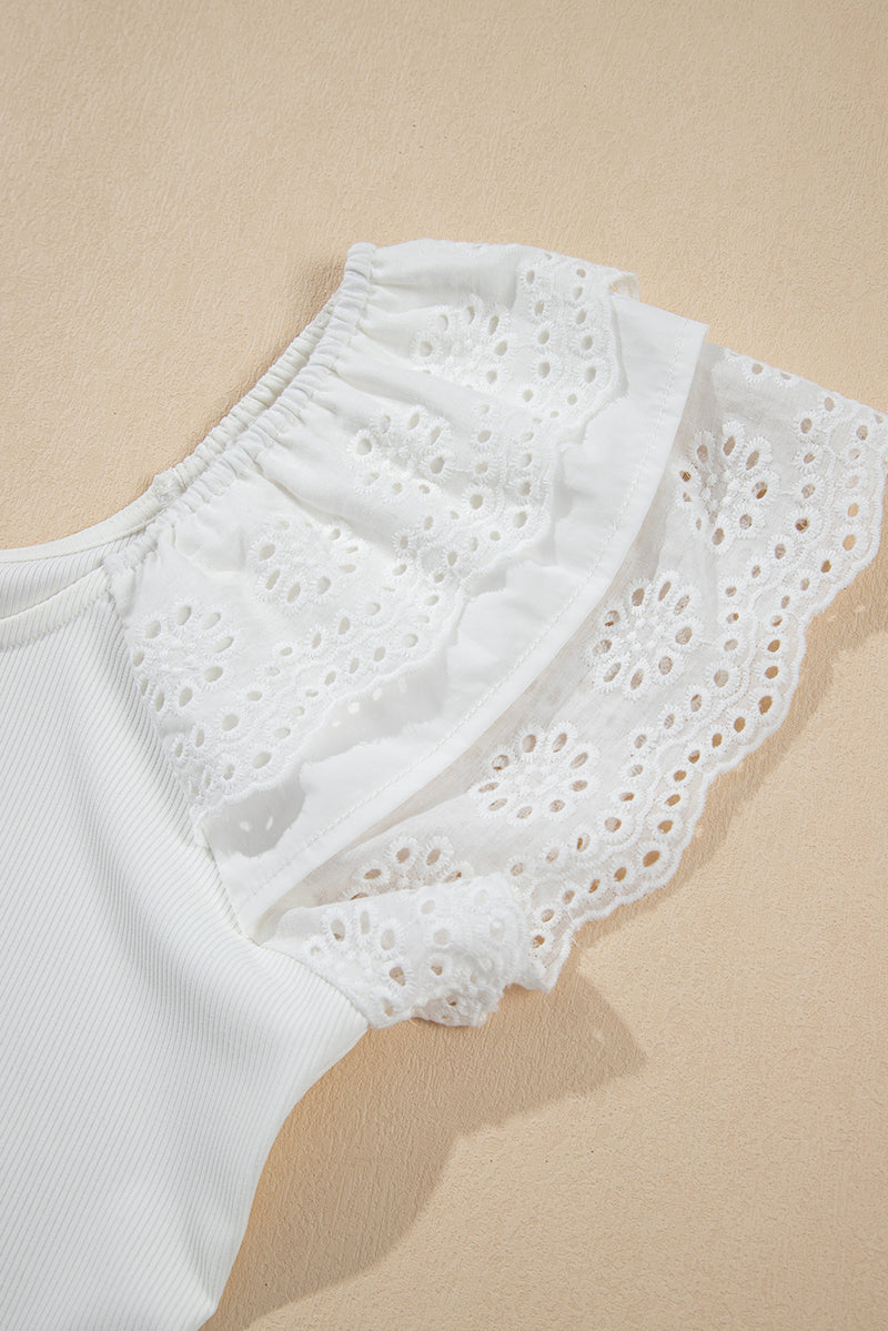 White Eyelet Ruffle Sleeve Slim Fit Top