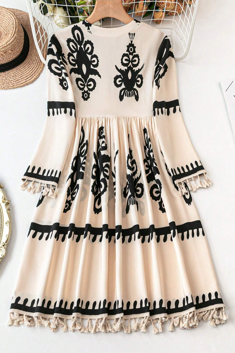 Beige Ethnic Print Notch V Neck Fringe Mini Dress