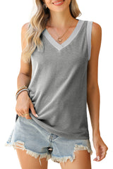 Simply Taupe Contrast Trim V-Neck Loose Fit Tank Top