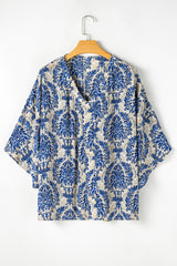 Blue Ethnic Print 3/4 Sleeve V Neck Plus Size Blouse