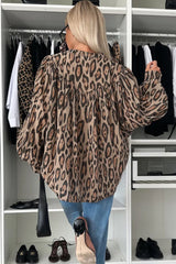 Light Beige Leopard Print Balloon Sleeve Loose Blouse