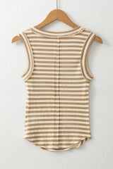 Khaki Stripe Exposed Seam Trim Round Neck Sleeveless Top