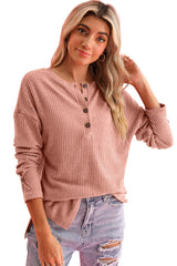 Rose Drop Shoulder Ribbed Knit Long Sleeve Henley Top