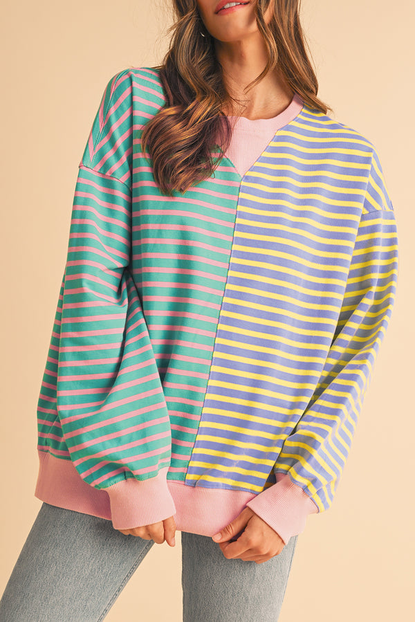 Green Stripe Colorblock Drop Shoulder Oversized Sweatshirt