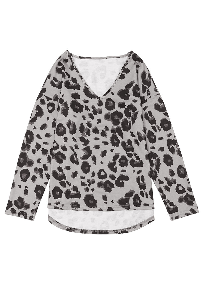 Brown Leopard Split V Neck Long Sleeve Shirt