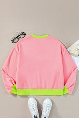 Pink Contrast Trim Bubble Sleeve Sweatshirt