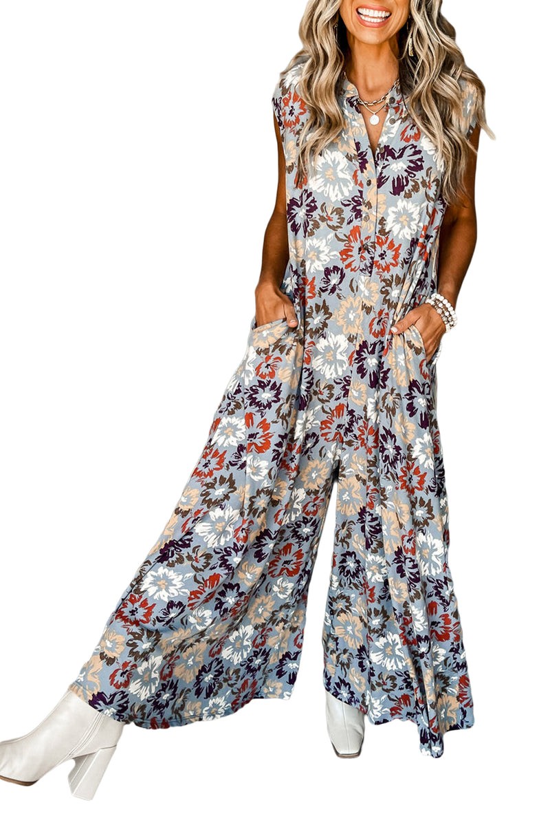 Sky Blue Floral Sleeveless Pocketed Wide Leg Jumpsuit