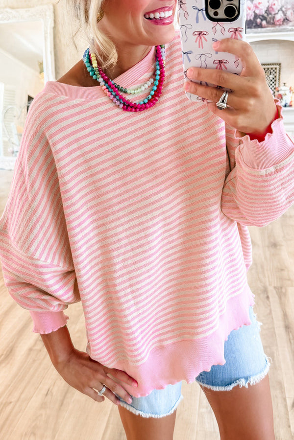 Pink Stripe Drop Shoulder Long Sleeve Top