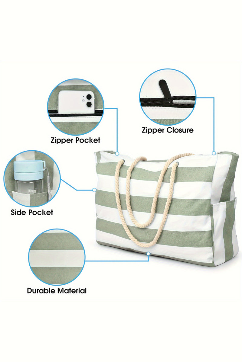Grass Green Striped Rope Handle Canvas Large Tote Bag