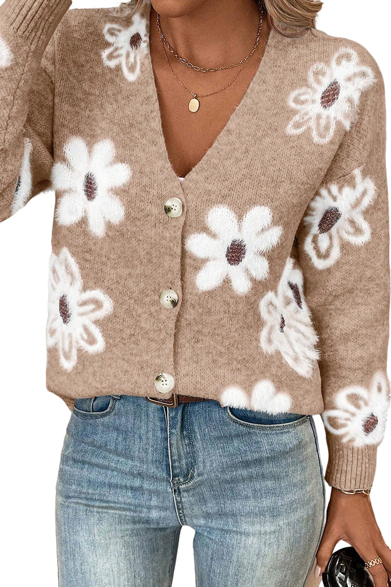 Smoke Gray Floral Print V Neck Knitted Button Up Cardigan