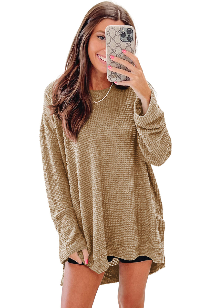 Green Waffle Knit Drop Sleeve High Slits Oversized Top