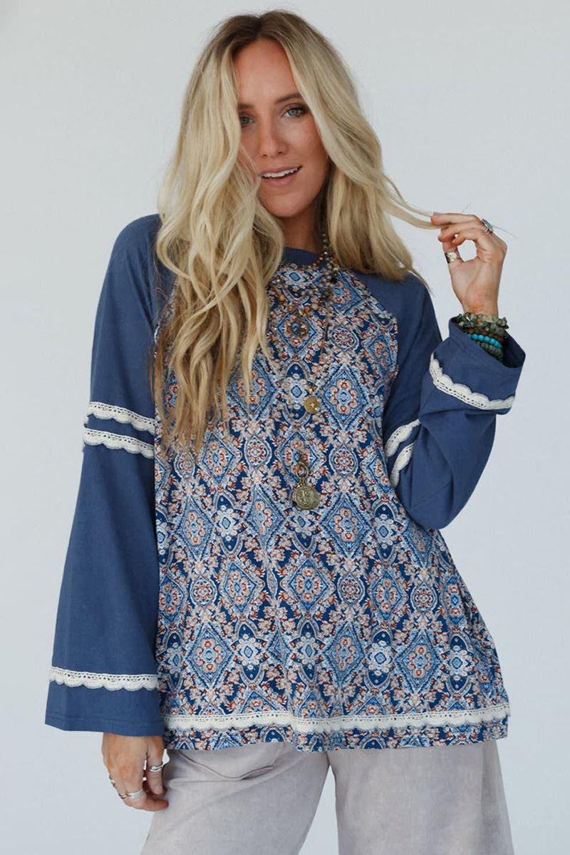 Blue Boho Geometric Print Lace Ricrac Raglan Sleeve Blouse