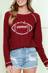 Red Textured Rugby Graphic Contrast Hem Sweatshirt