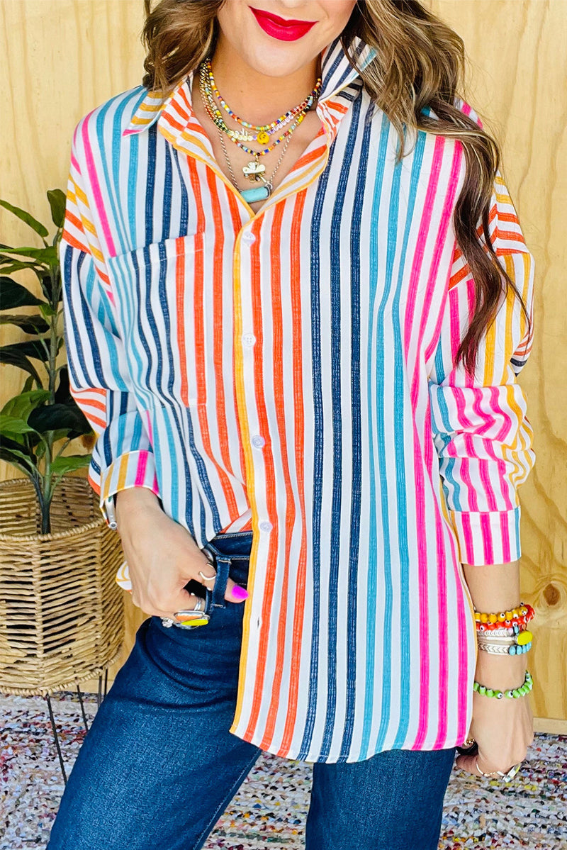 Colorful Striped Patch Pocket Long Sleeve Shirt