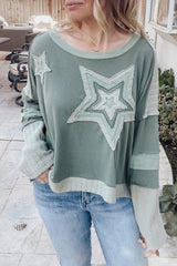 Mist Green Stars Patchwork Round Neck Plus Size Top