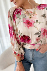 Rose Floral 3/4 Sleeve Lace-up Back Blouse