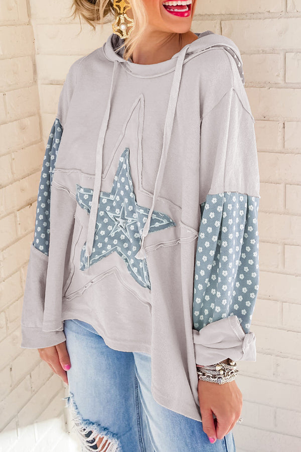 Beau Blue Floral Patchwork Star Pattern Drawstring Hoodie