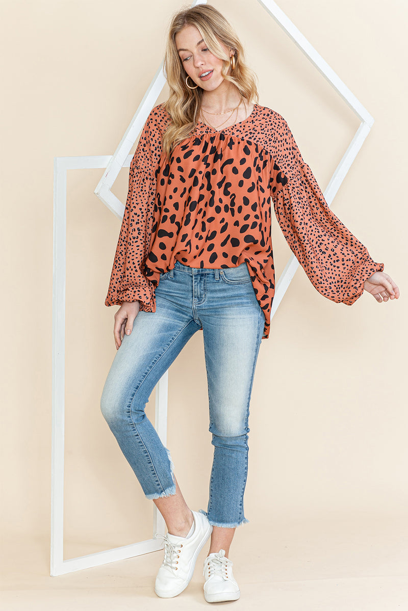 Brown Leopard V Neck Lantern Sleeve Tunic Blouse