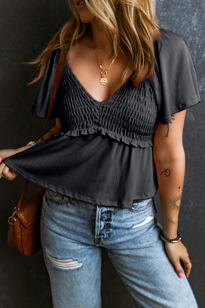 Tomato Red Shirred V Neck Short Flutter Sleeve Textured Blouse