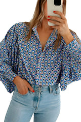 Sky Blue Abstract Print Collared Lantern Sleeve Shirt