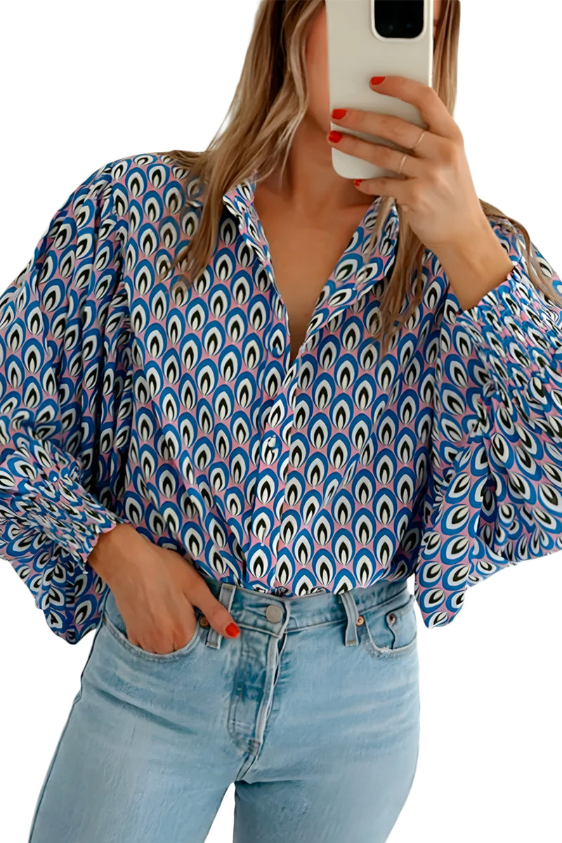 Sky Blue Abstract Print Collared Lantern Sleeve Shirt