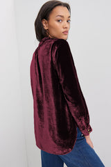 Desert Palm Frilled Neck Buttoned Front Velvet Top