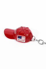 Fiery Red American Flag Baseball Cap Key Ring