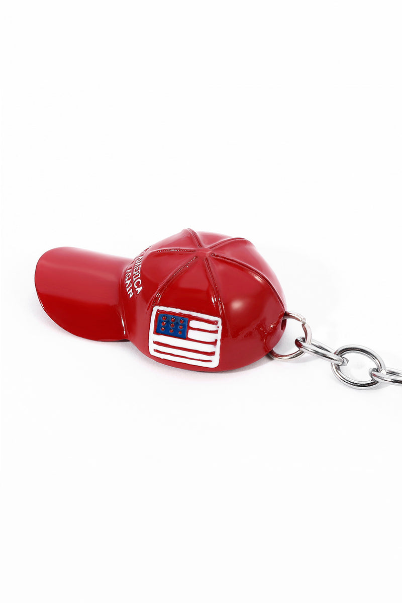 Fiery Red American Flag Baseball Cap Key Ring