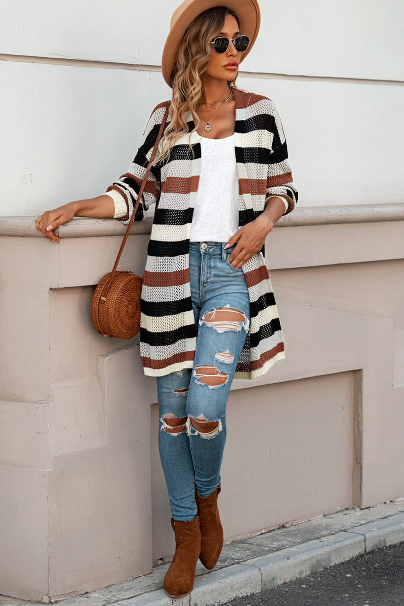 Black Striped Color Block Casual Hollow Cable Knit Cardigan