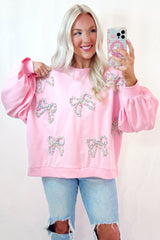 Light Pink Sweet Bow Lantern Sleeve Oversized Pullover Sweatshirt