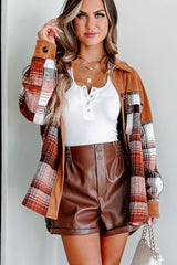 Khaki Plaid Patchwork Flap Pockets Buttoned Shacket