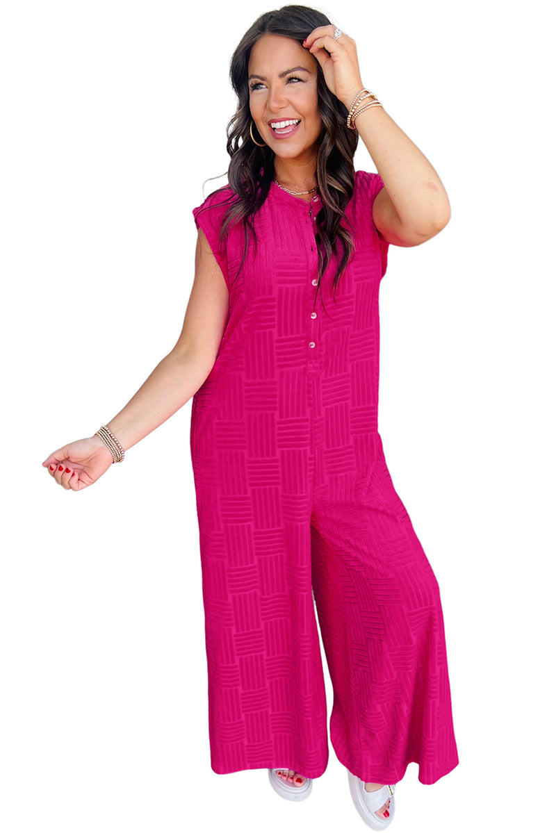 Bright Pink Terry Textured Sleeveless Button Front Wide Leg Jumpsuit